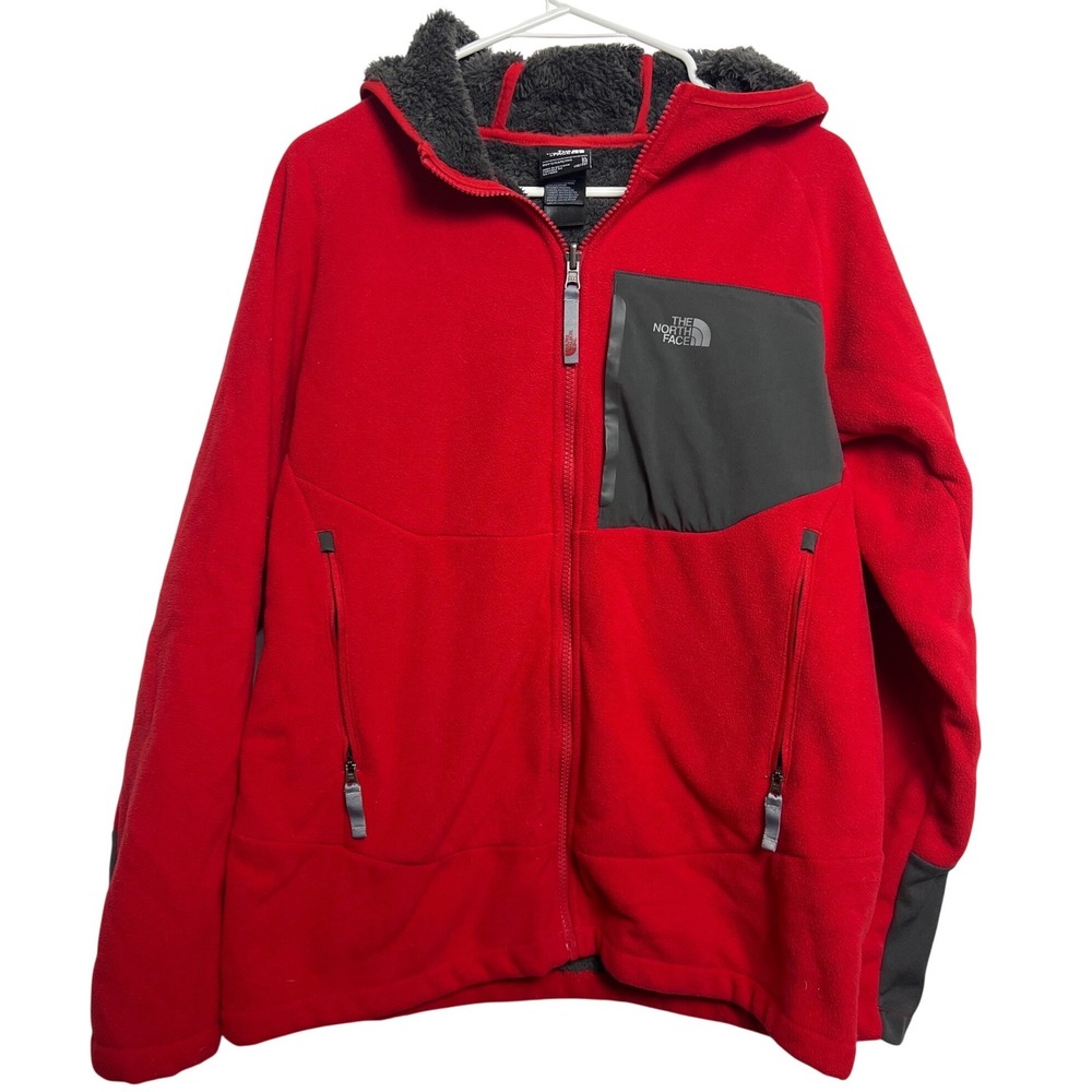 The North Face Boys XL 18/20 Red Full Zip Fleece Hoodie Jacket Grey Chest Pocket